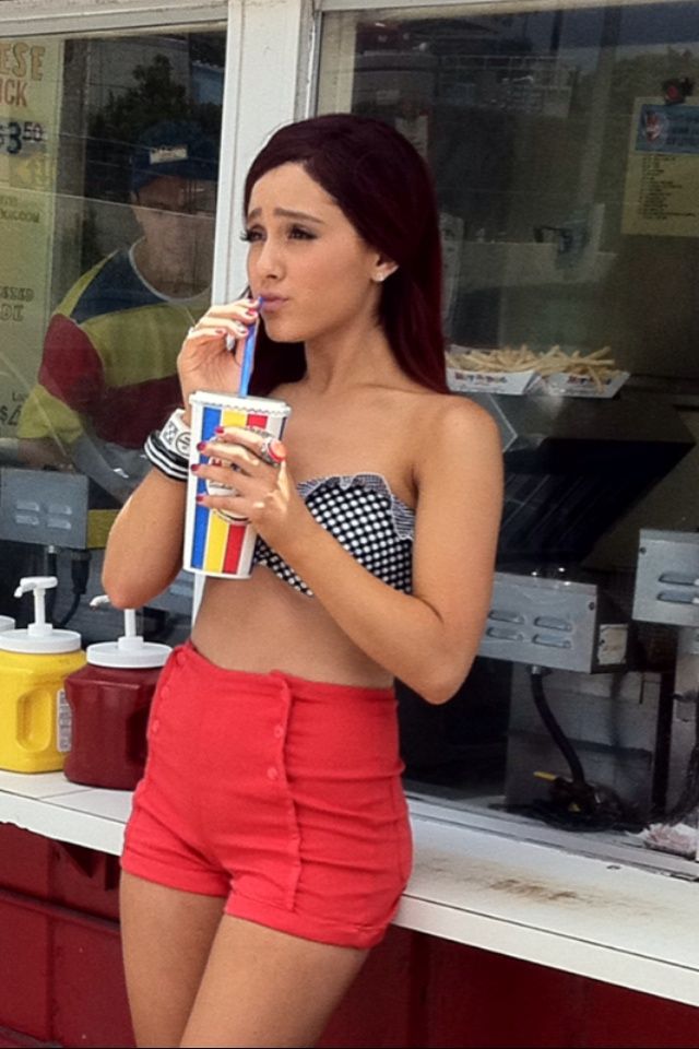 Ariana Grande in Checkered Bandeau Bikini Top and Red Shorts