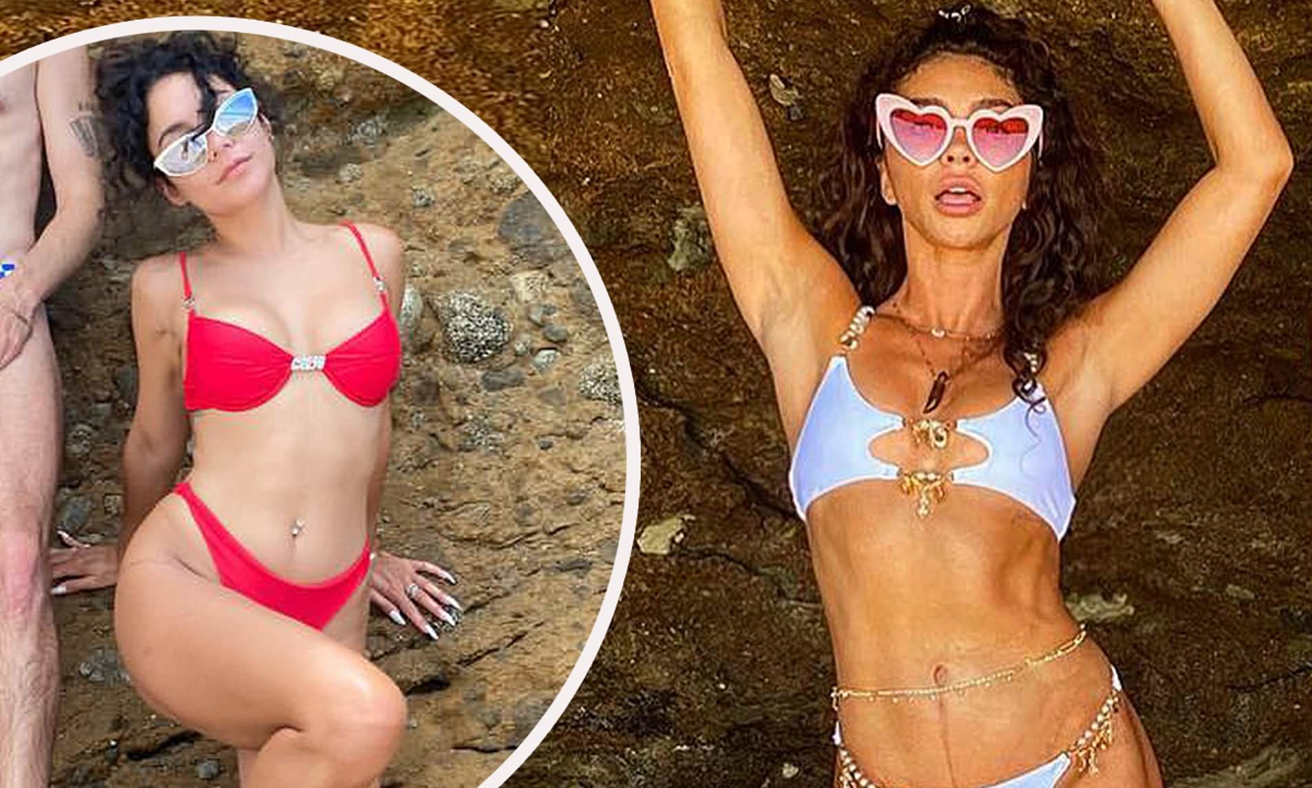 Sarah Hyland in Red Bikini and Lavender Cut-Out Bikini